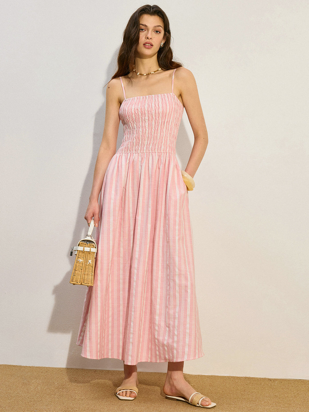 Robe Longue Froncée à Rayures