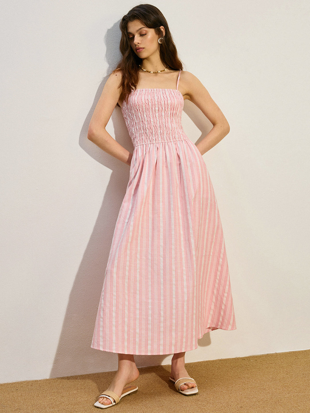 Robe Longue Froncée à Rayures