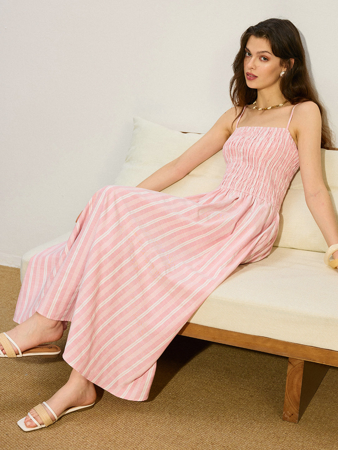 Robe Longue Froncée à Rayures