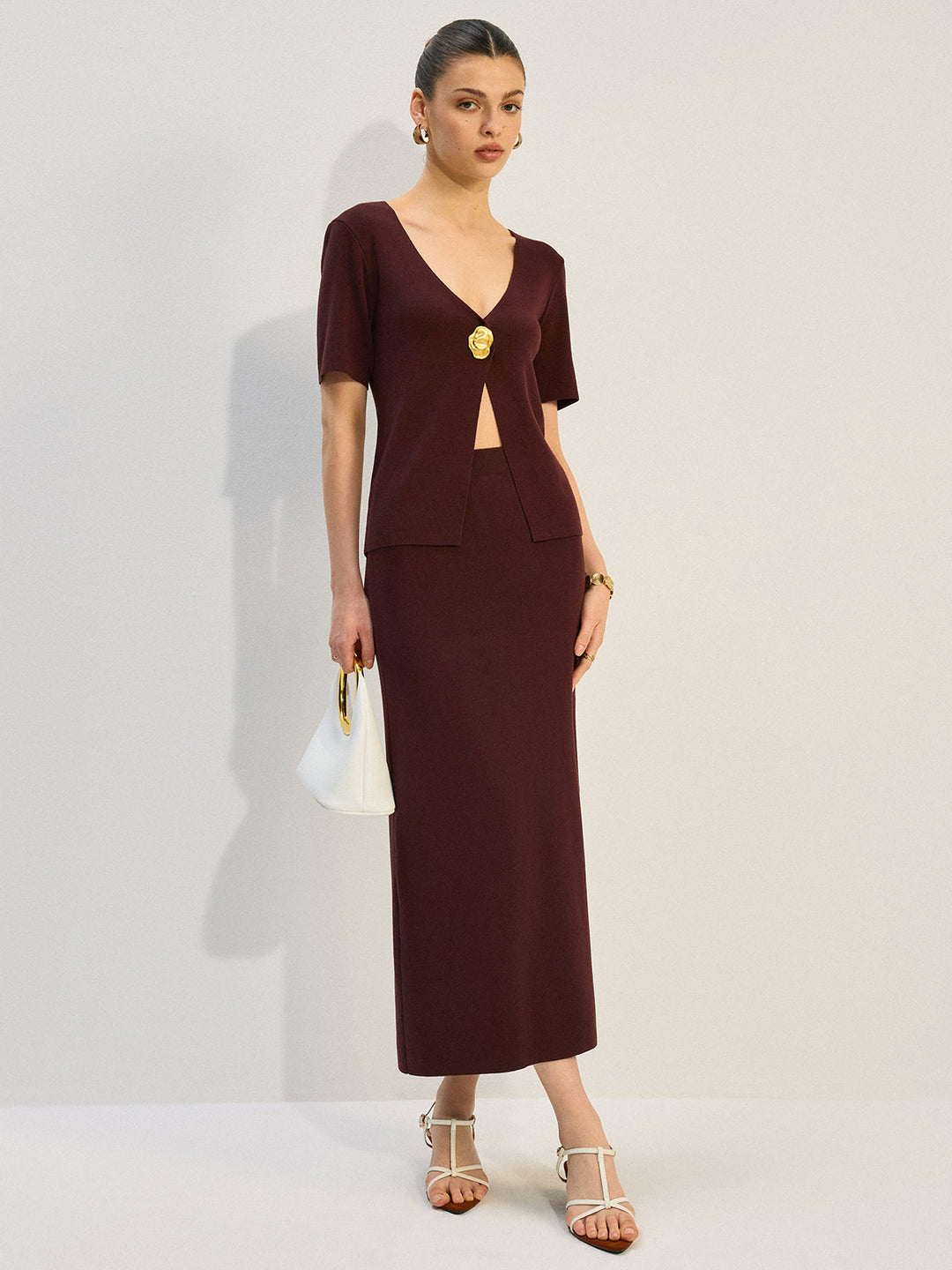 Ensemble en tricot à col en V en métal