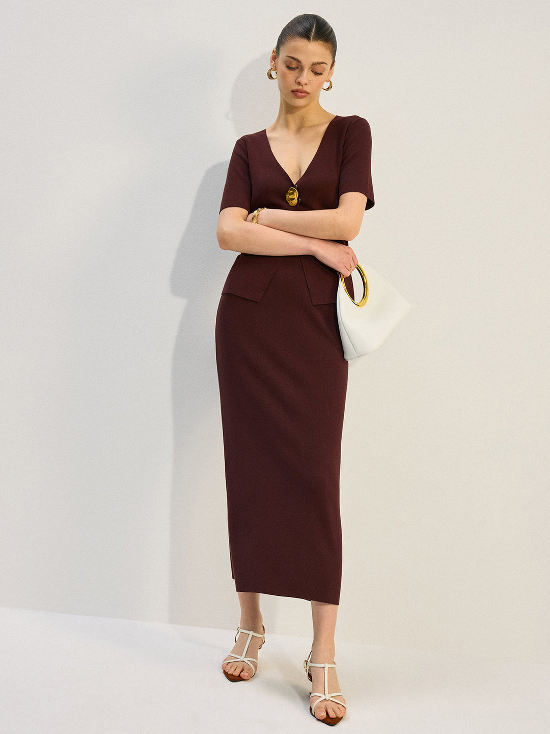 Ensemble en tricot à col en V en métal