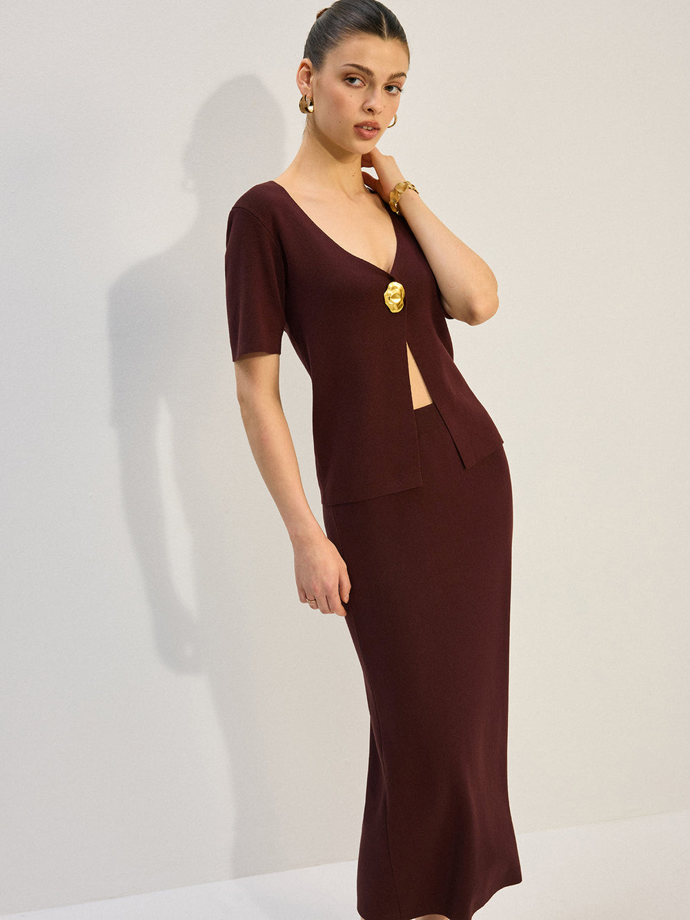 Ensemble en tricot à col en V en métal