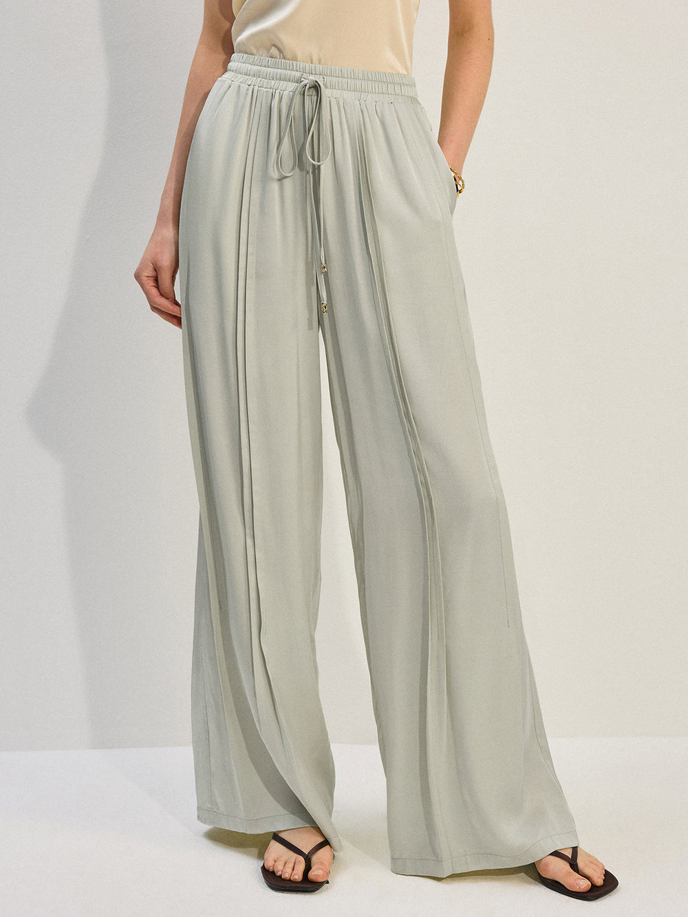 Pantalon Large en Satin Tencel Rayon avec Plis
