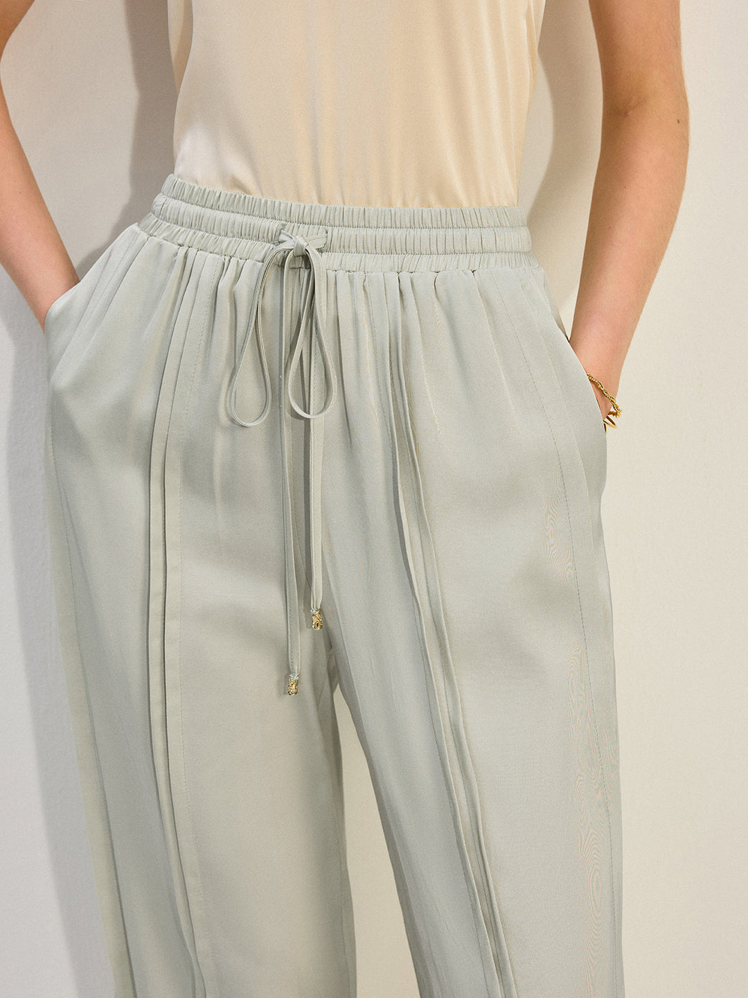 Pantalon Large en Satin Tencel Rayon avec Plis
