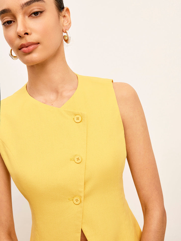 Gilet Sans Manches Boutonné Asymétrique en Lin et Coton