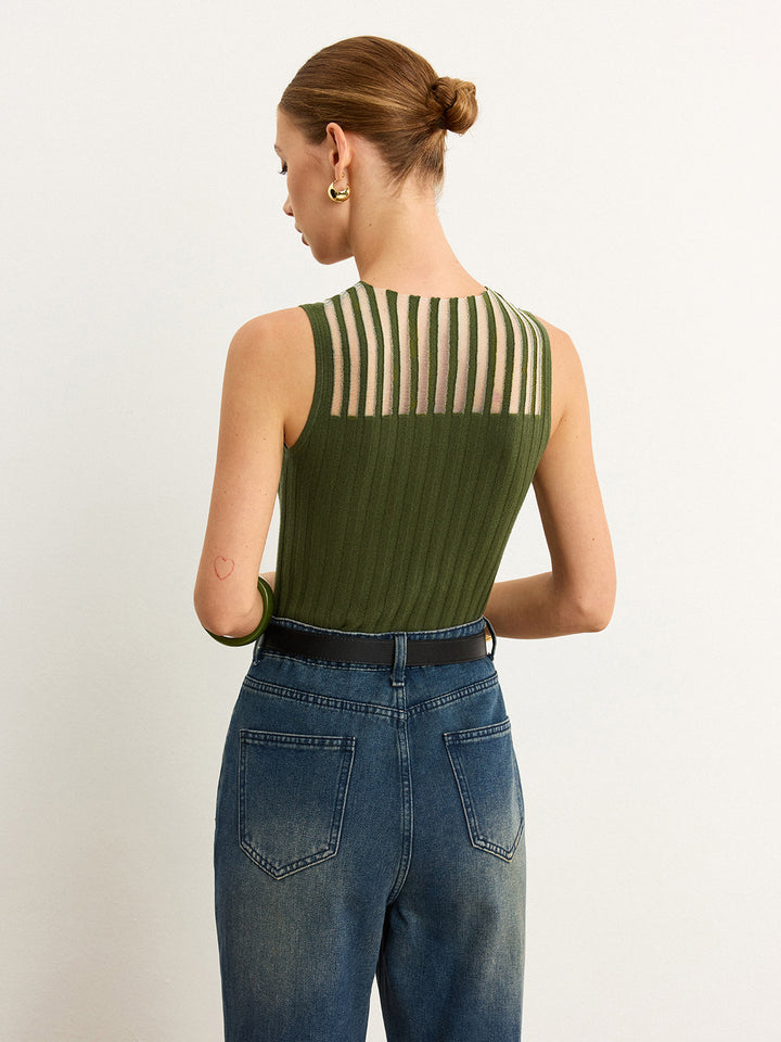 Haut Sans Manches avec Détail Transparent Rayé