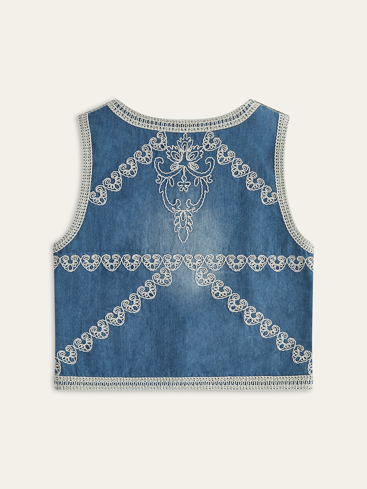 Gilet boutonné en jean brodé