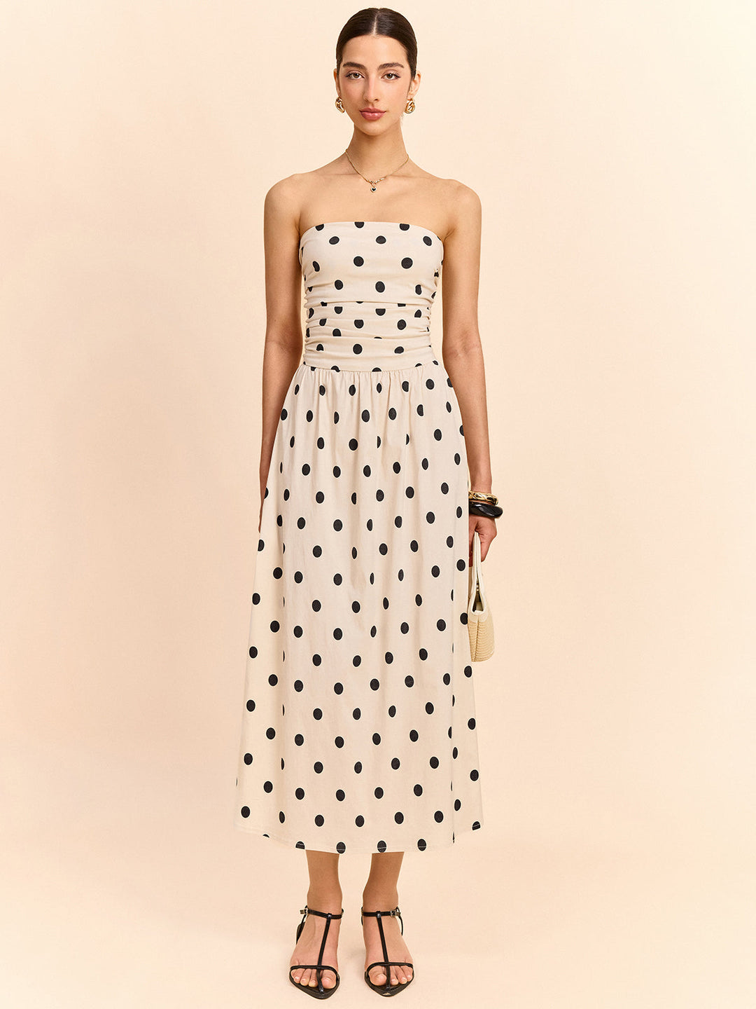 Robe Mi-longue Sans Bretelles à Ruchés et Pois
