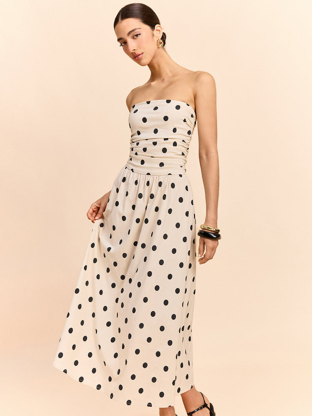 Robe Mi-longue Sans Bretelles à Ruchés et Pois