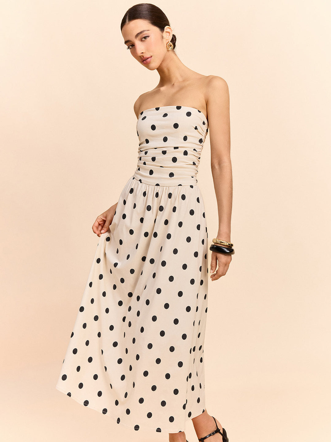 Robe Mi-longue Sans Bretelles à Ruchés et Pois