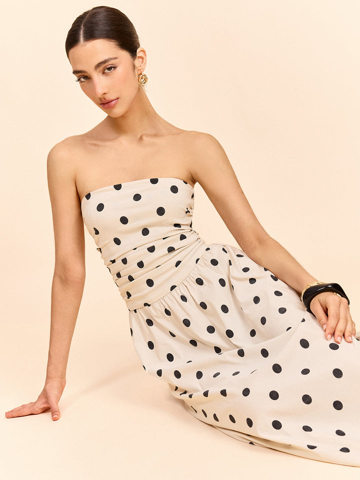 Robe Mi-longue Sans Bretelles à Ruchés et Pois