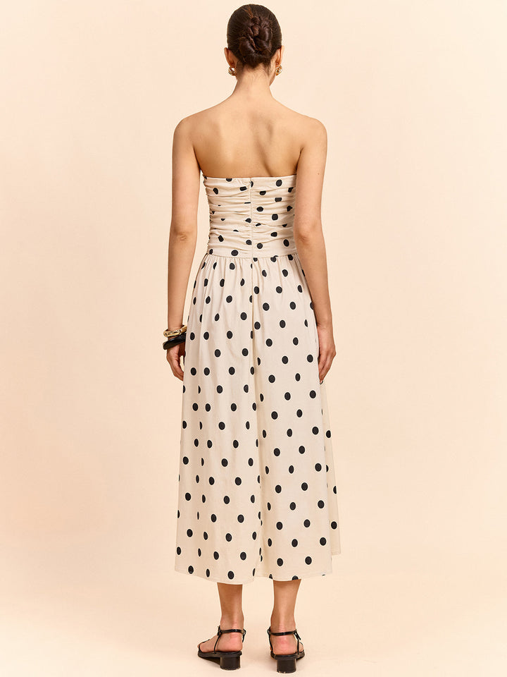 Robe Mi-longue Sans Bretelles à Ruchés et Pois
