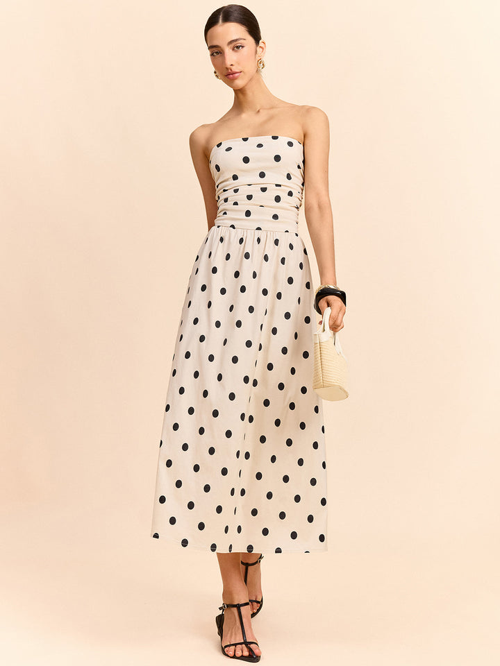 Robe Mi-longue Sans Bretelles à Ruchés et Pois