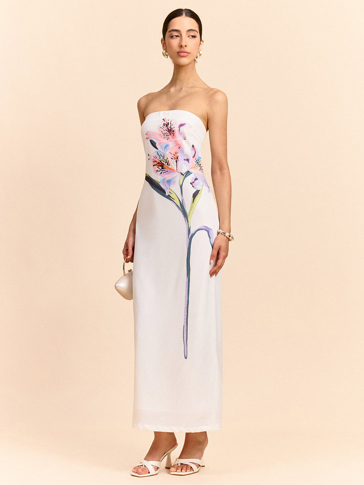 Robe Longue Sans Bretelles Imprimée à Fleurs