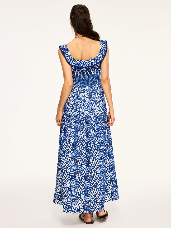 Robe Longue Brodé Semi-Transparente avec Bordure Volantée