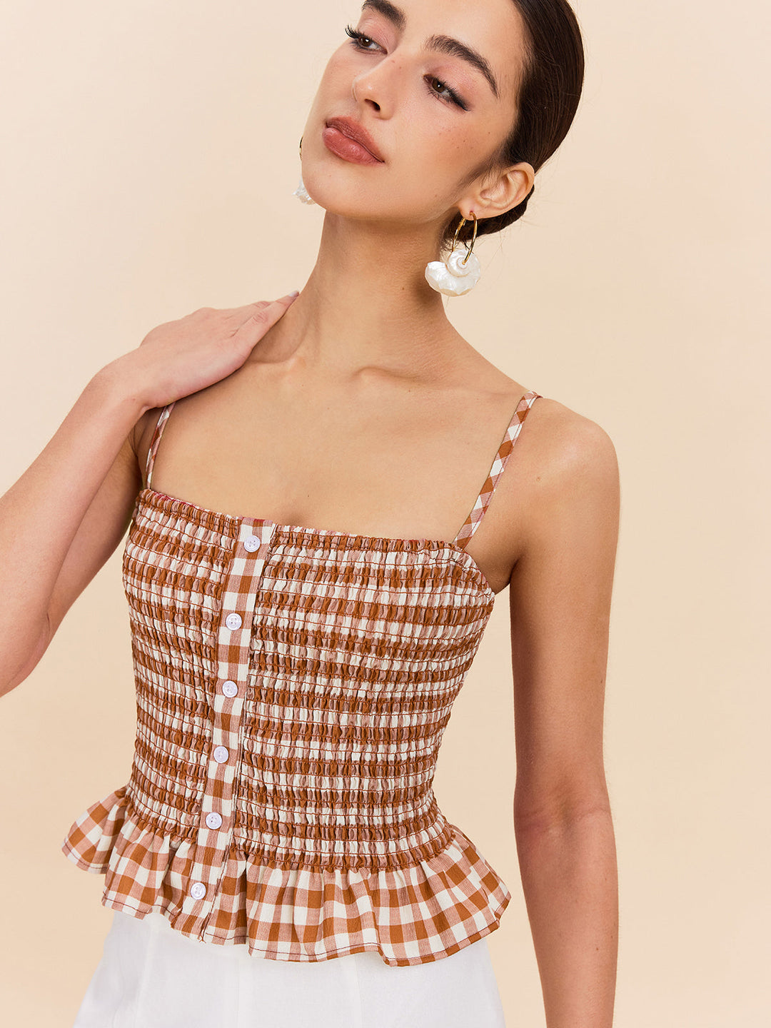 Haut Peplum Boutonné à Carreaux Vichy