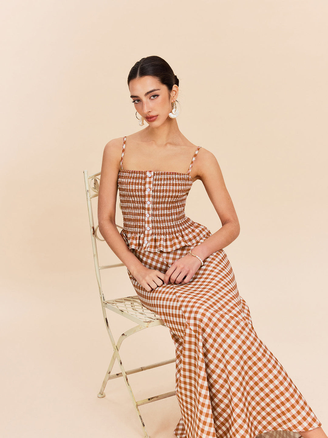 Haut Peplum Boutonné à Carreaux Vichy
