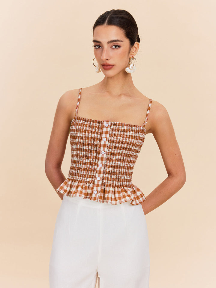 Haut Peplum Boutonné à Carreaux Vichy