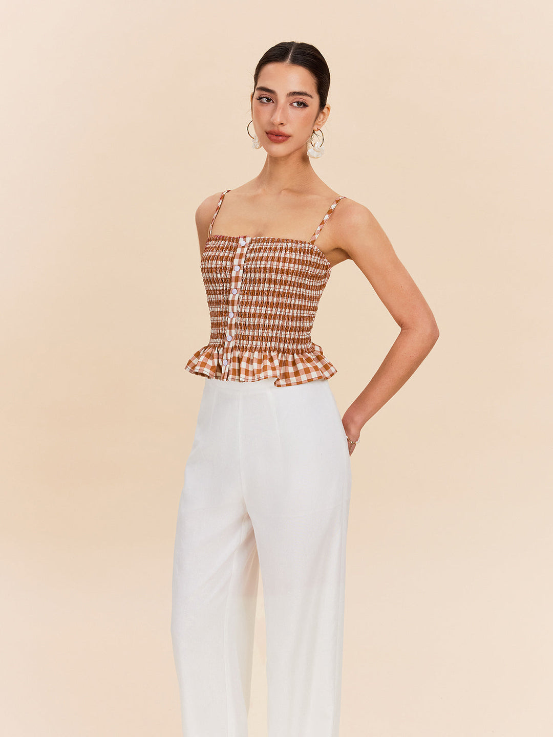 Haut Peplum Boutonné à Carreaux Vichy