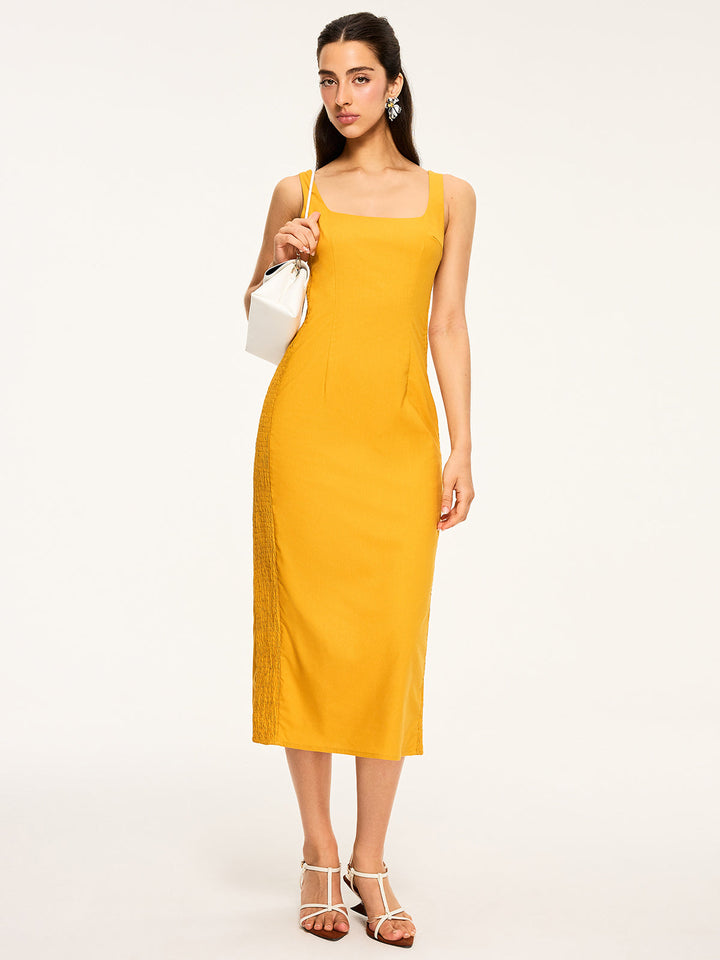 Robe mi-longue froncée en coton et lin