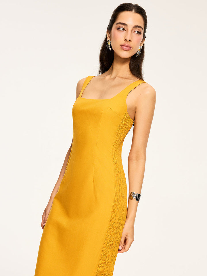 Robe mi-longue froncée en coton et lin
