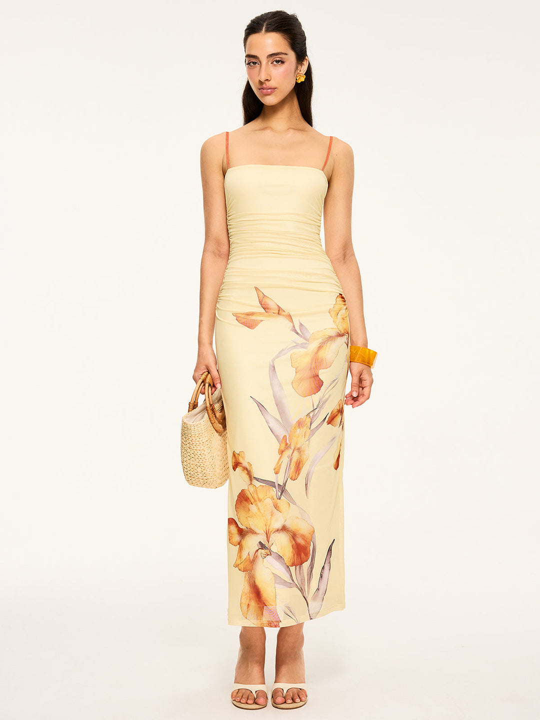 Robe Longue à Imprimé Floral et Fronces