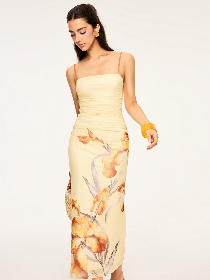 Robe Longue à Imprimé Floral et Fronces