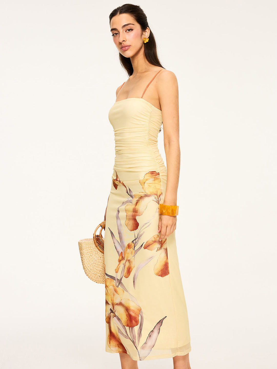 Robe Longue à Imprimé Floral et Fronces