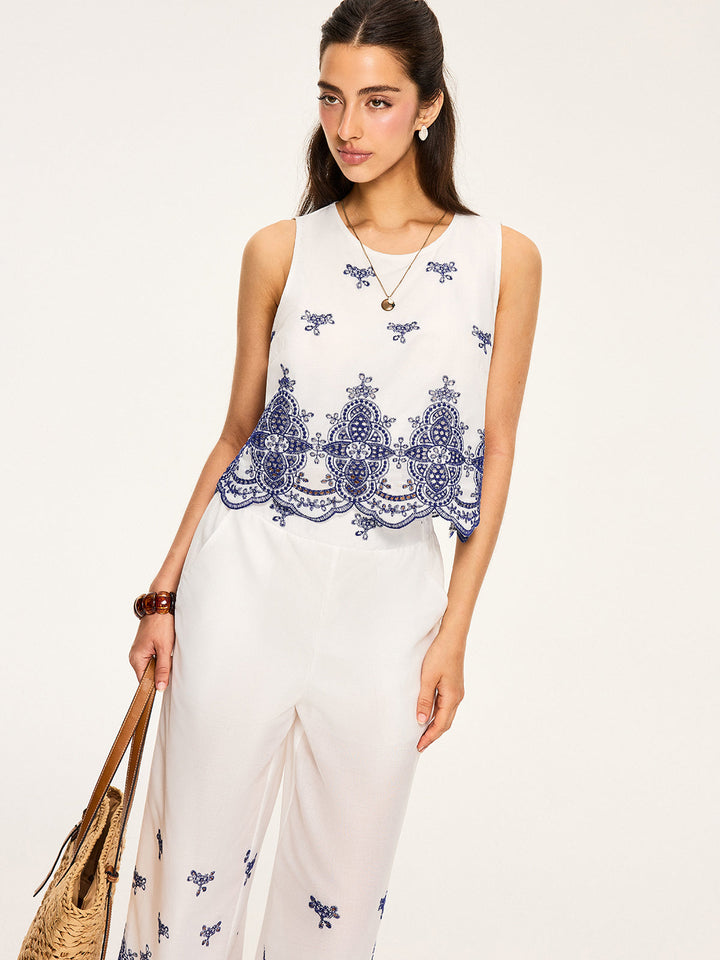 Ensemble Crop Top Brodé et Pantalon Large