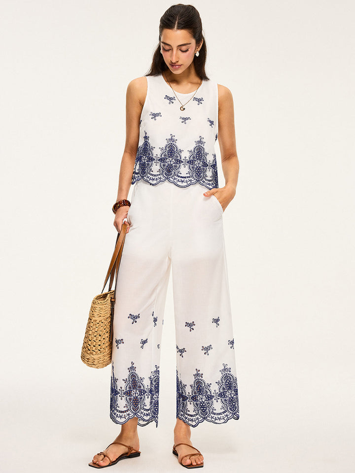 Ensemble Crop Top Brodé et Pantalon Large