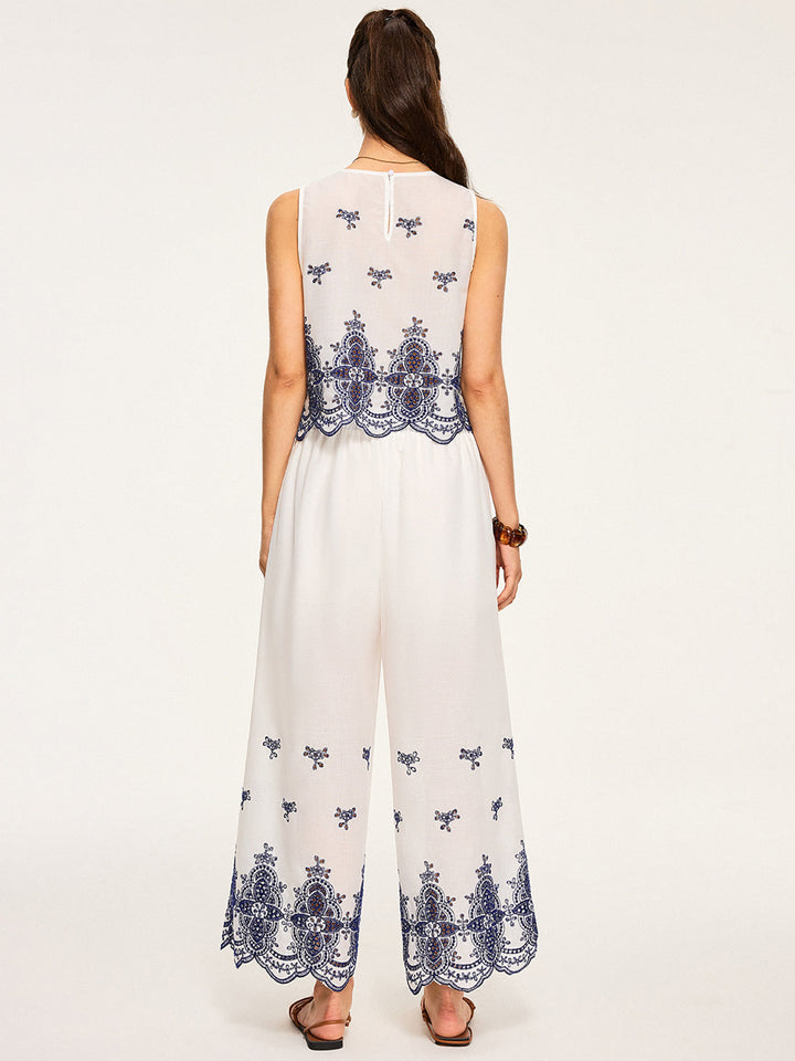 Ensemble Crop Top Brodé et Pantalon Large