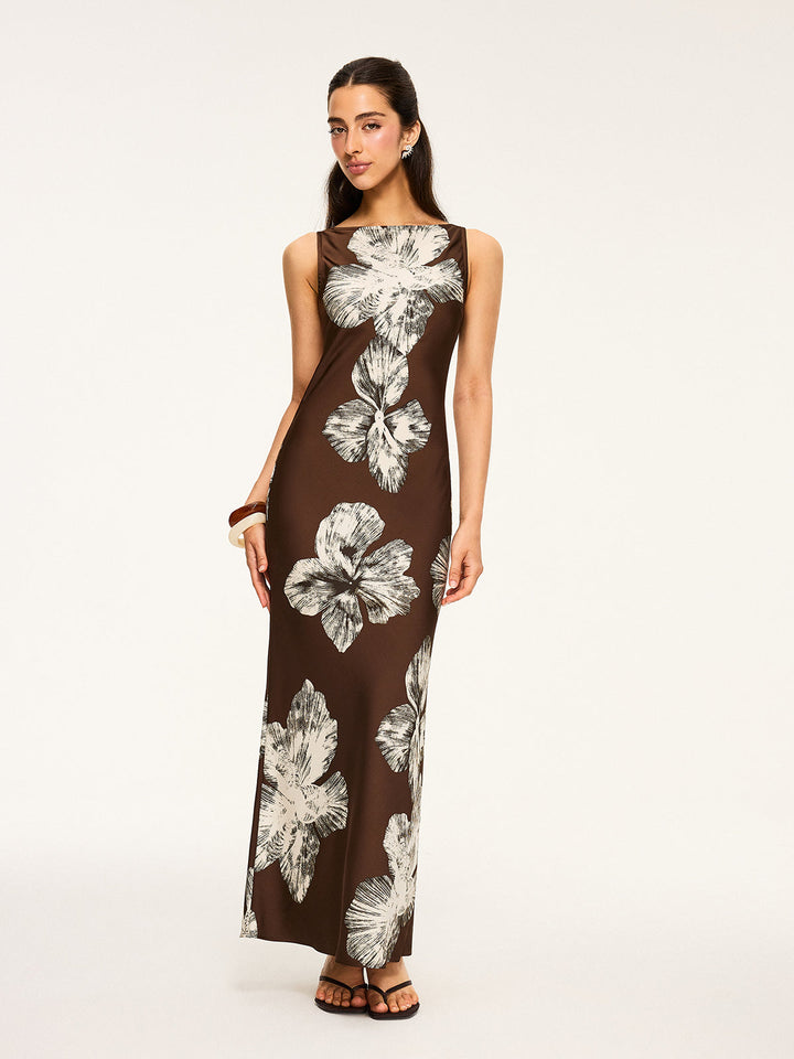 Robe Longue à Imprimé Floral avec Dos Nu Lié