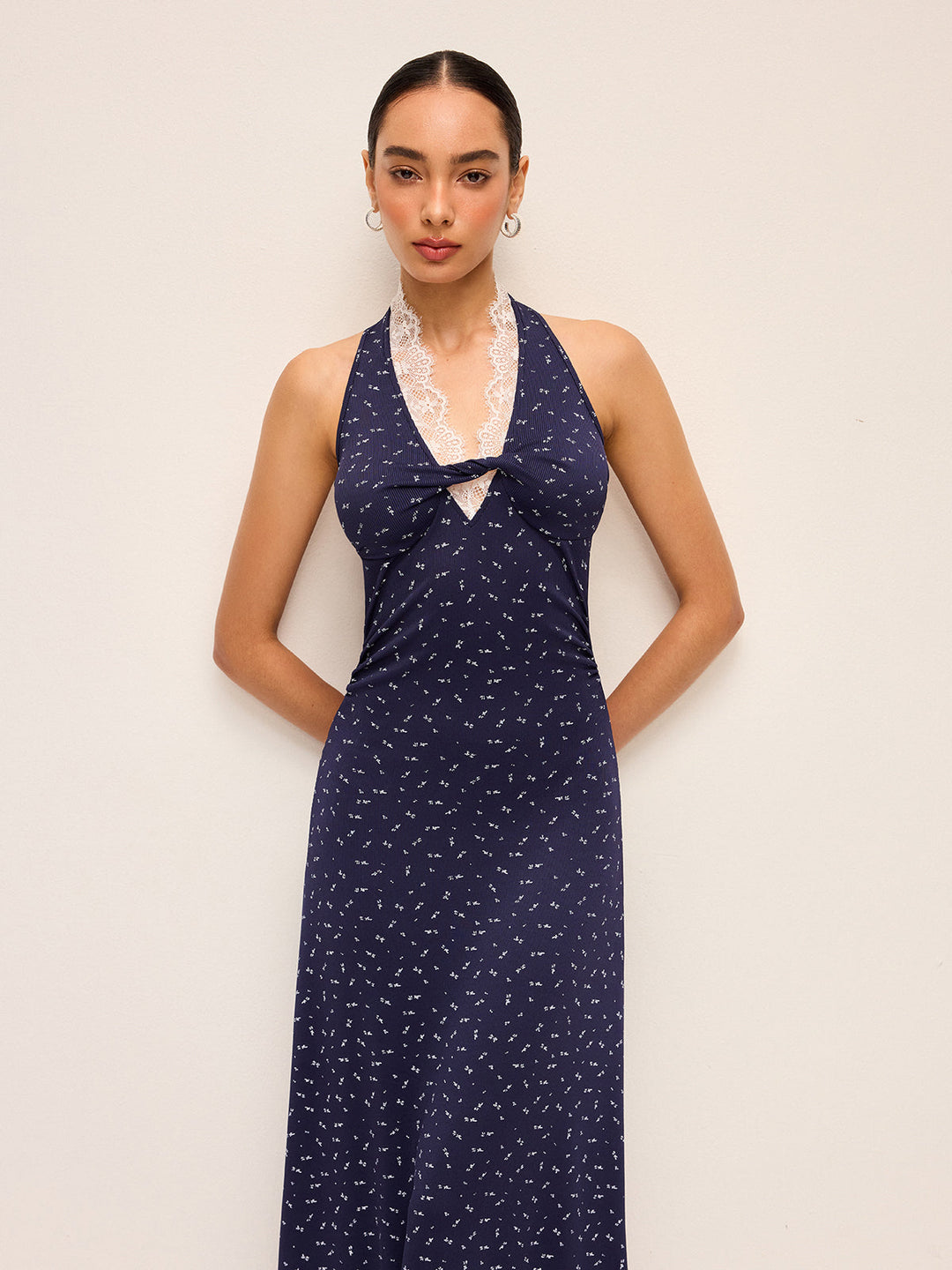 Robe Imprimée à Col Bardot et Bordure en Dentelle