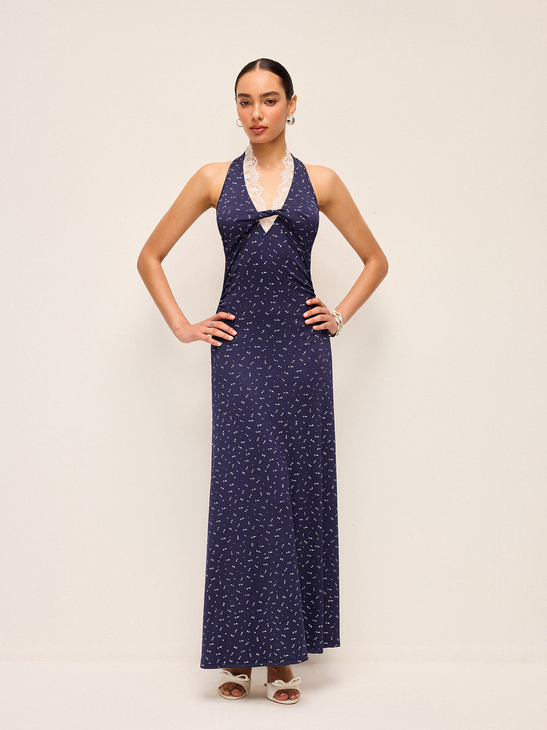 Robe Imprimée à Col Bardot et Bordure en Dentelle