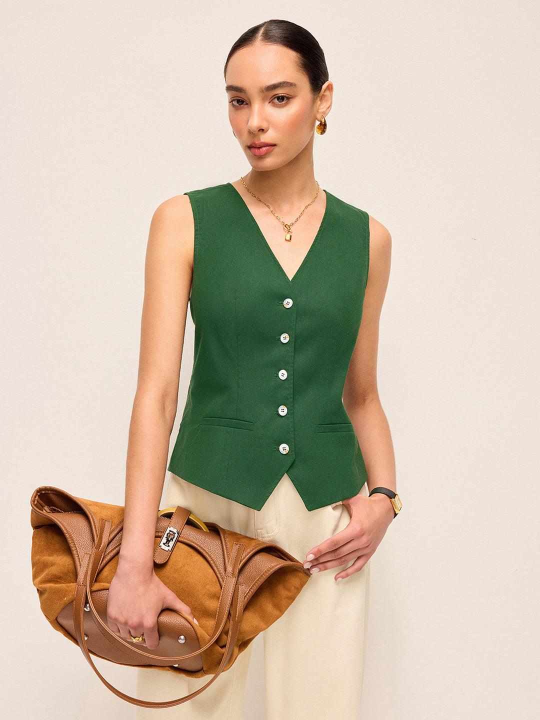 Gilet asymétrique boutonné en coton et lin avec nœud dans le dos