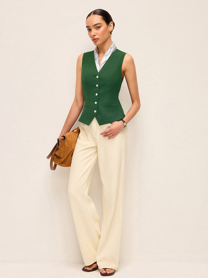 Gilet asymétrique boutonné en coton et lin avec nœud dans le dos