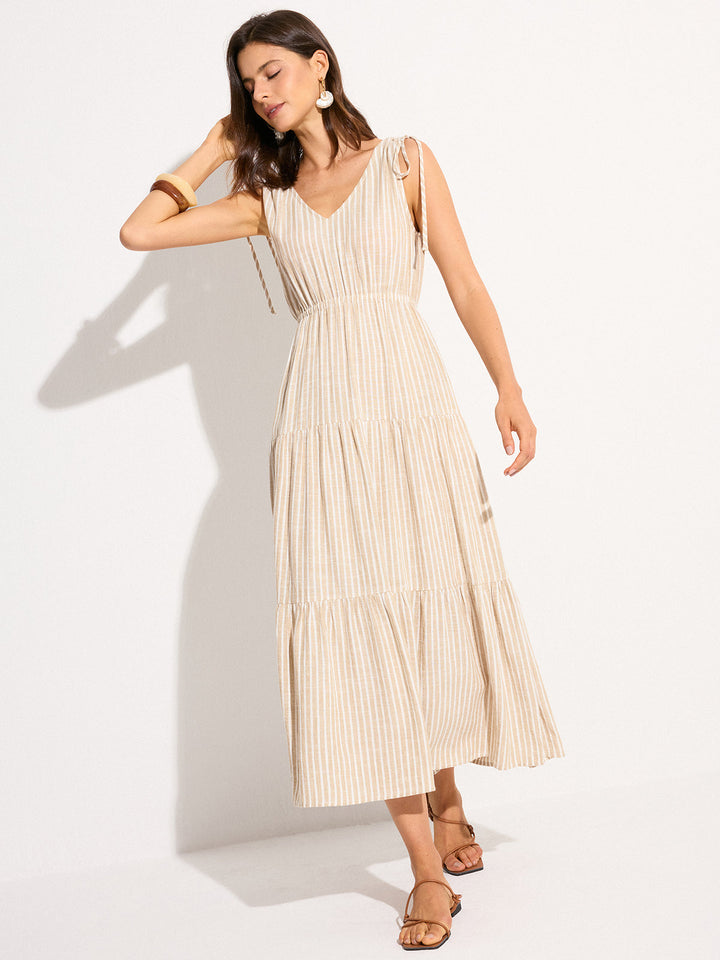 Robe Maxi Habillée en Lin et Coton à Rayures avec Poches