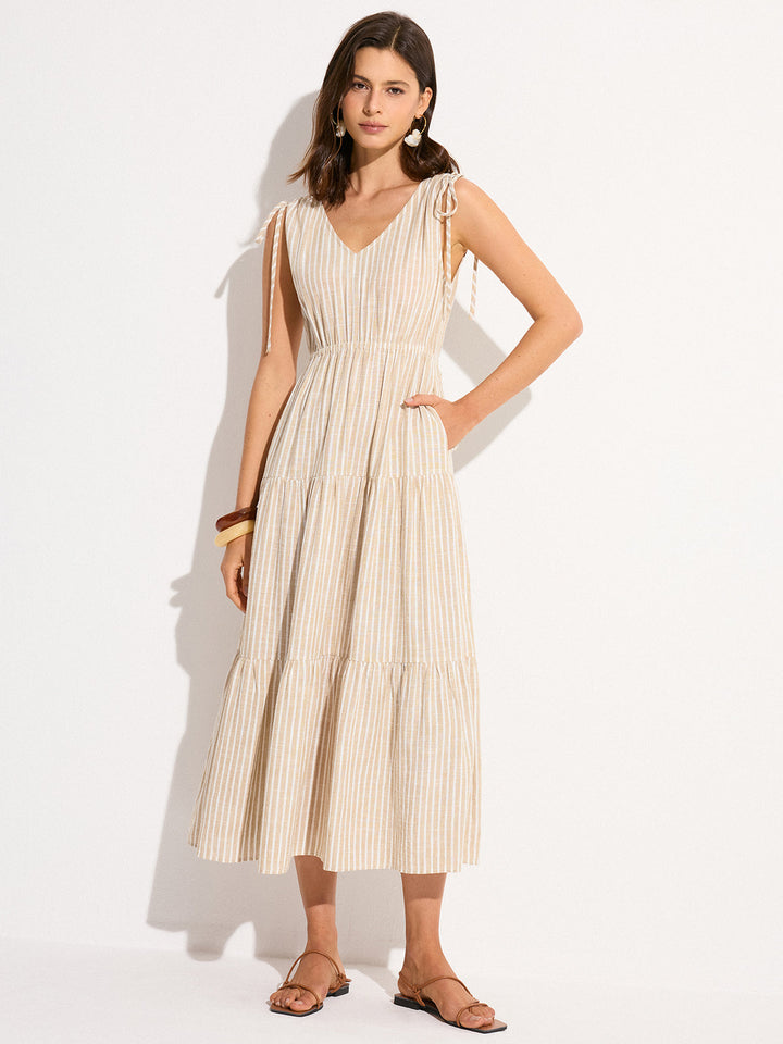 Robe Maxi Habillée en Lin et Coton à Rayures avec Poches
