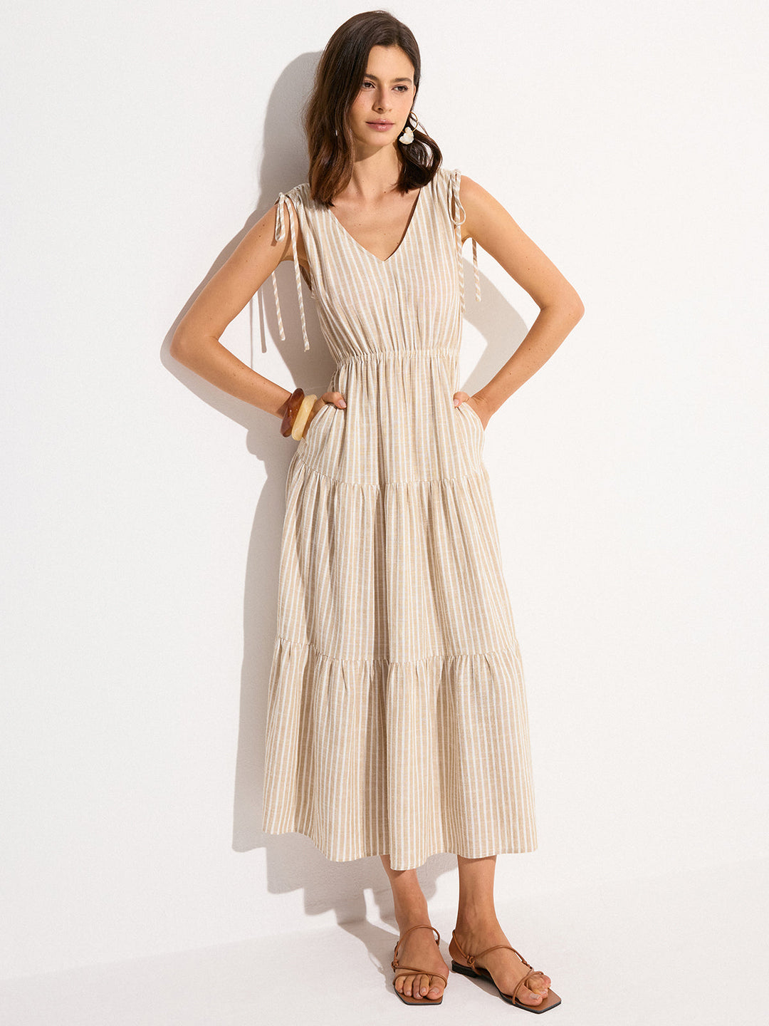 Robe Maxi Habillée en Lin et Coton à Rayures avec Poches