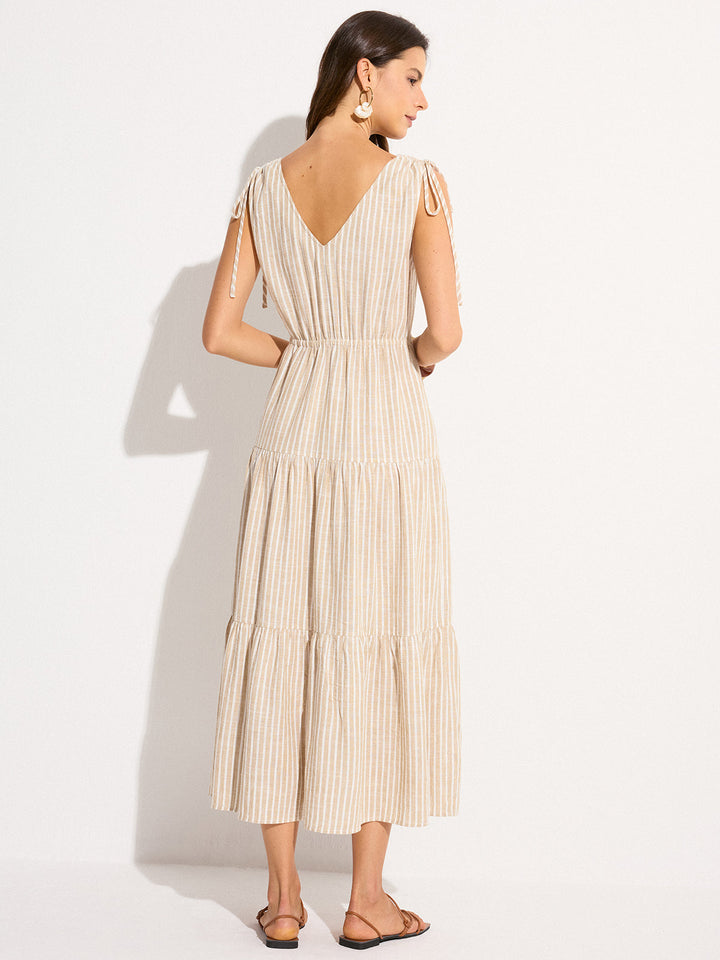 Robe Maxi Habillée en Lin et Coton à Rayures avec Poches