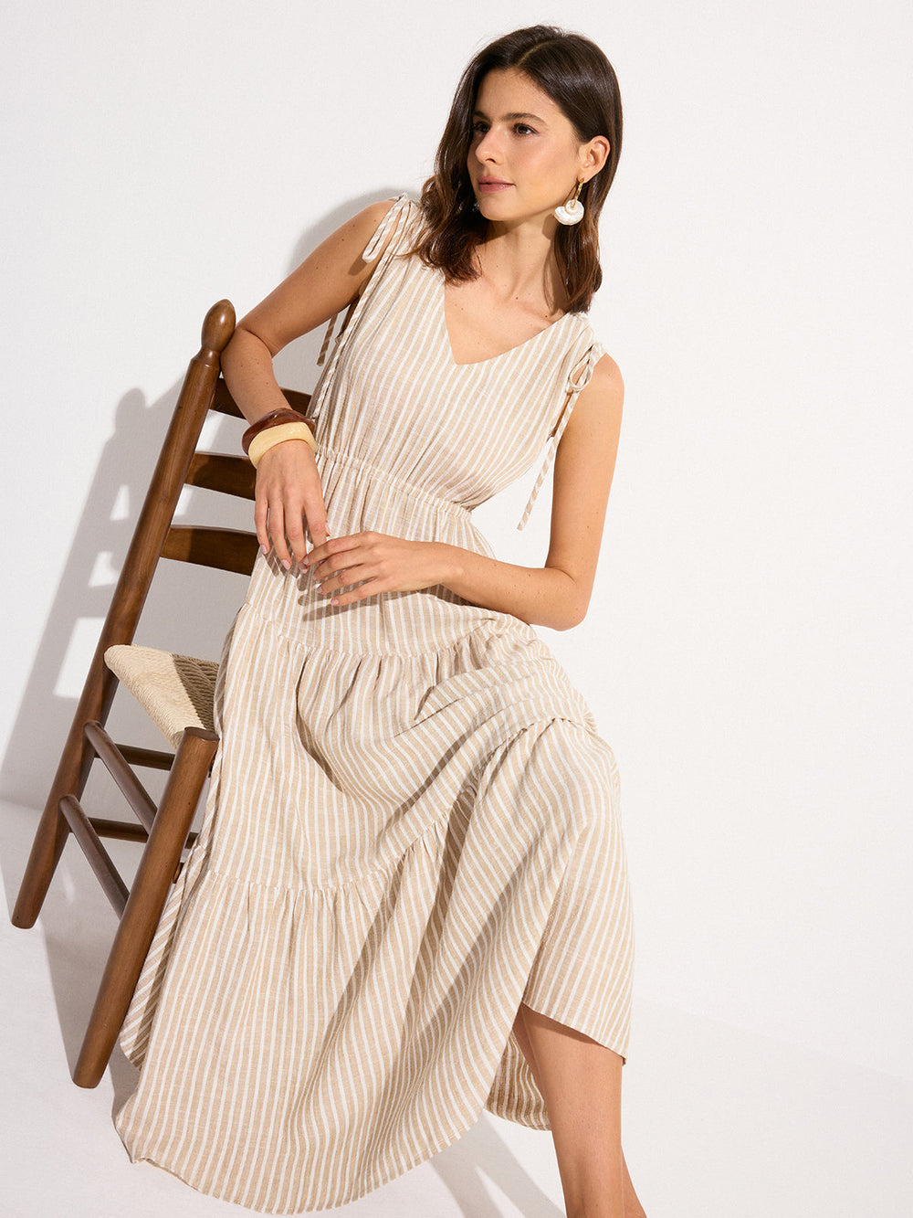 Robe Maxi Habillée en Lin et Coton à Rayures avec Poches