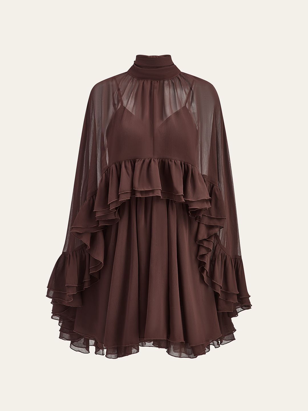 Robe mi-transparente en mousseline avec volants et cape extérieure