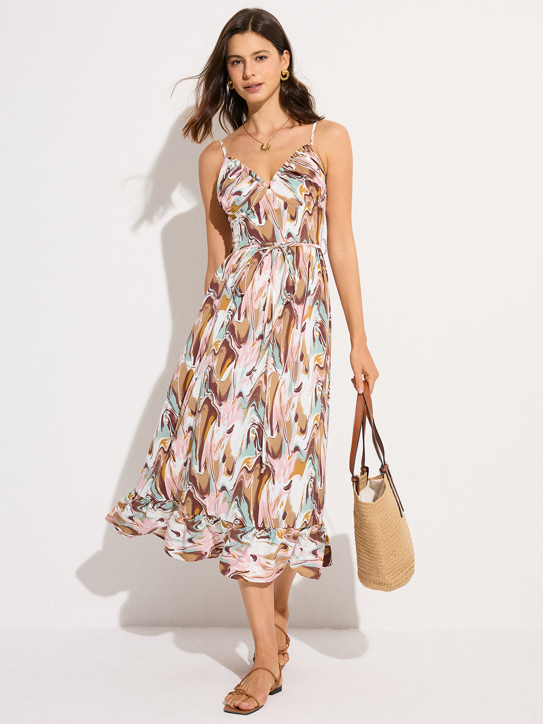Robe Mi-longue Imprimée Sans Dos à Taille Liée