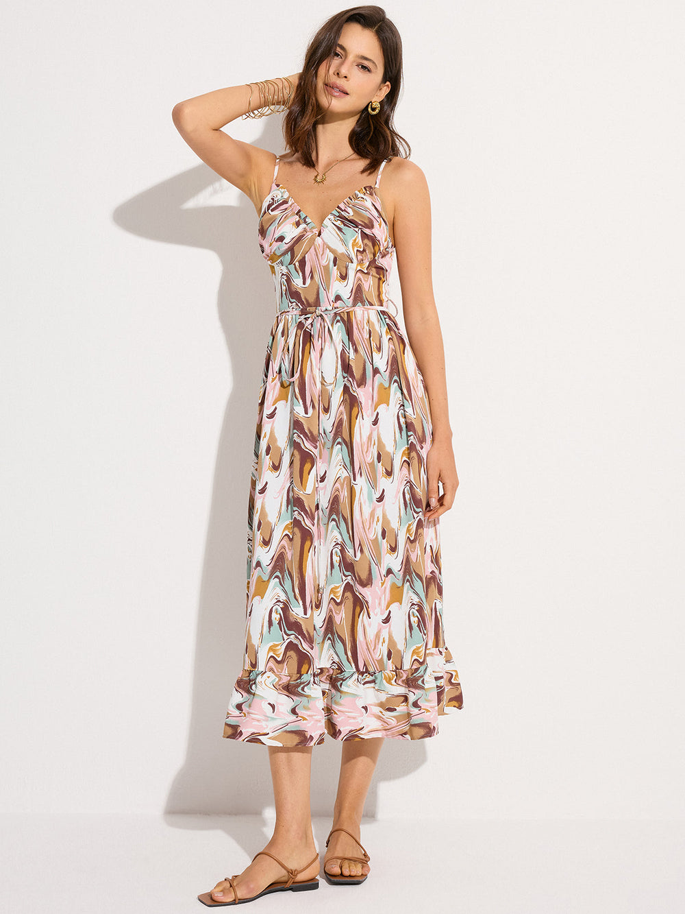 Robe Mi-longue Imprimée Sans Dos à Taille Liée