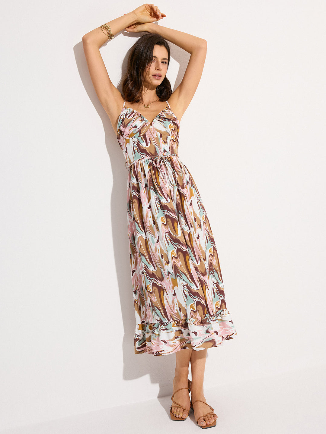 Robe Mi-longue Imprimée Sans Dos à Taille Liée