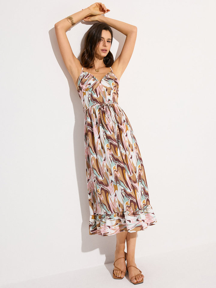 Robe Mi-longue Imprimée Sans Dos à Taille Liée