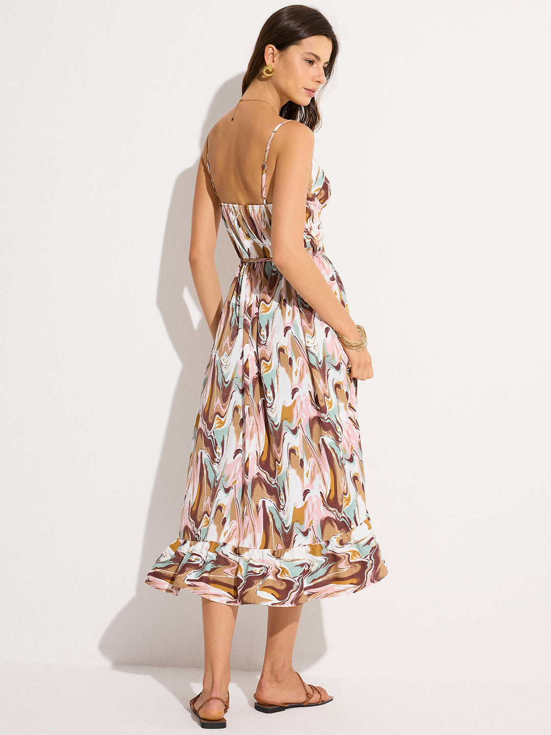 Robe Mi-longue Imprimée Sans Dos à Taille Liée