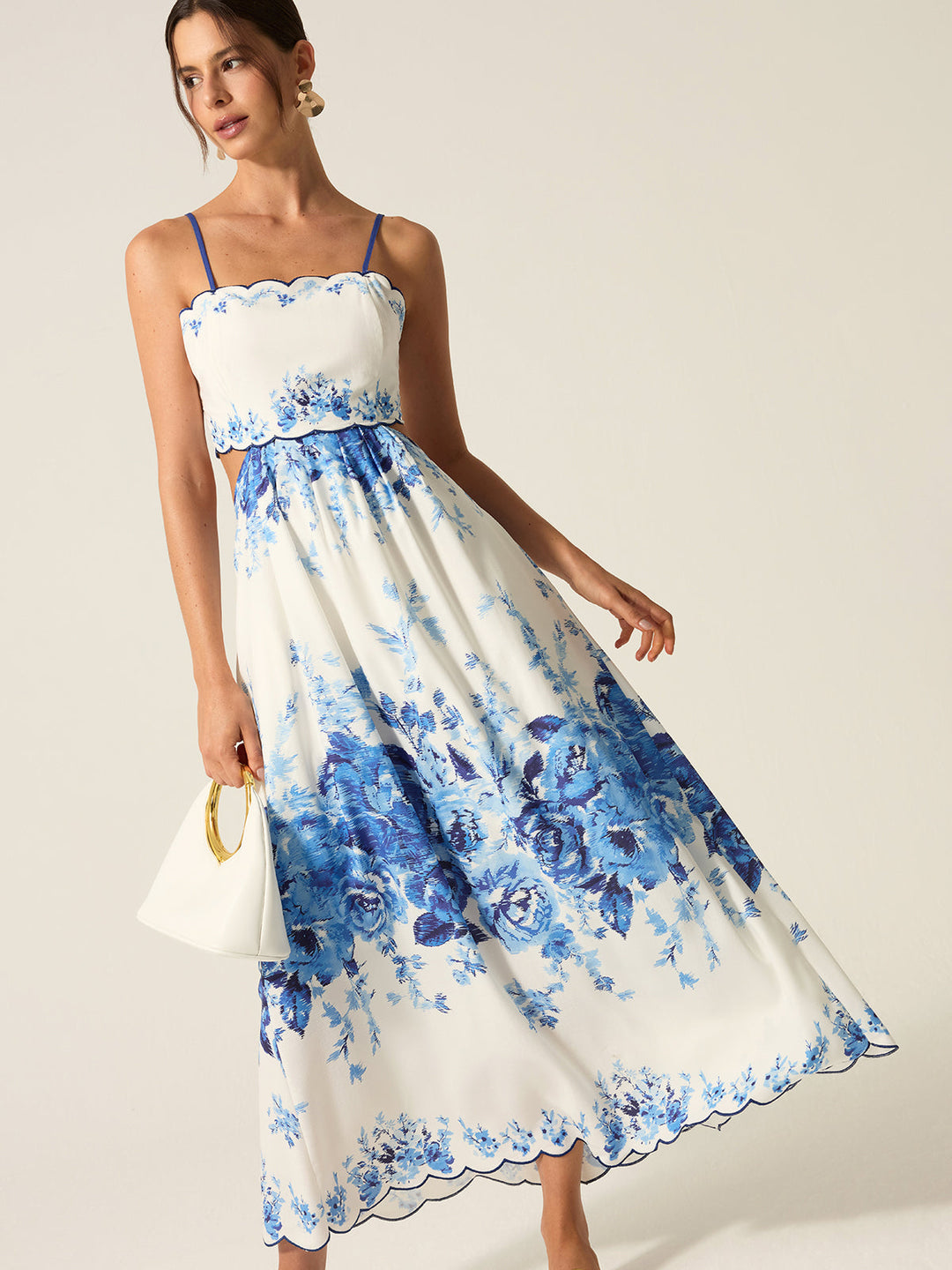 Robe Longue à Fleur Imprimé Poches Découpe