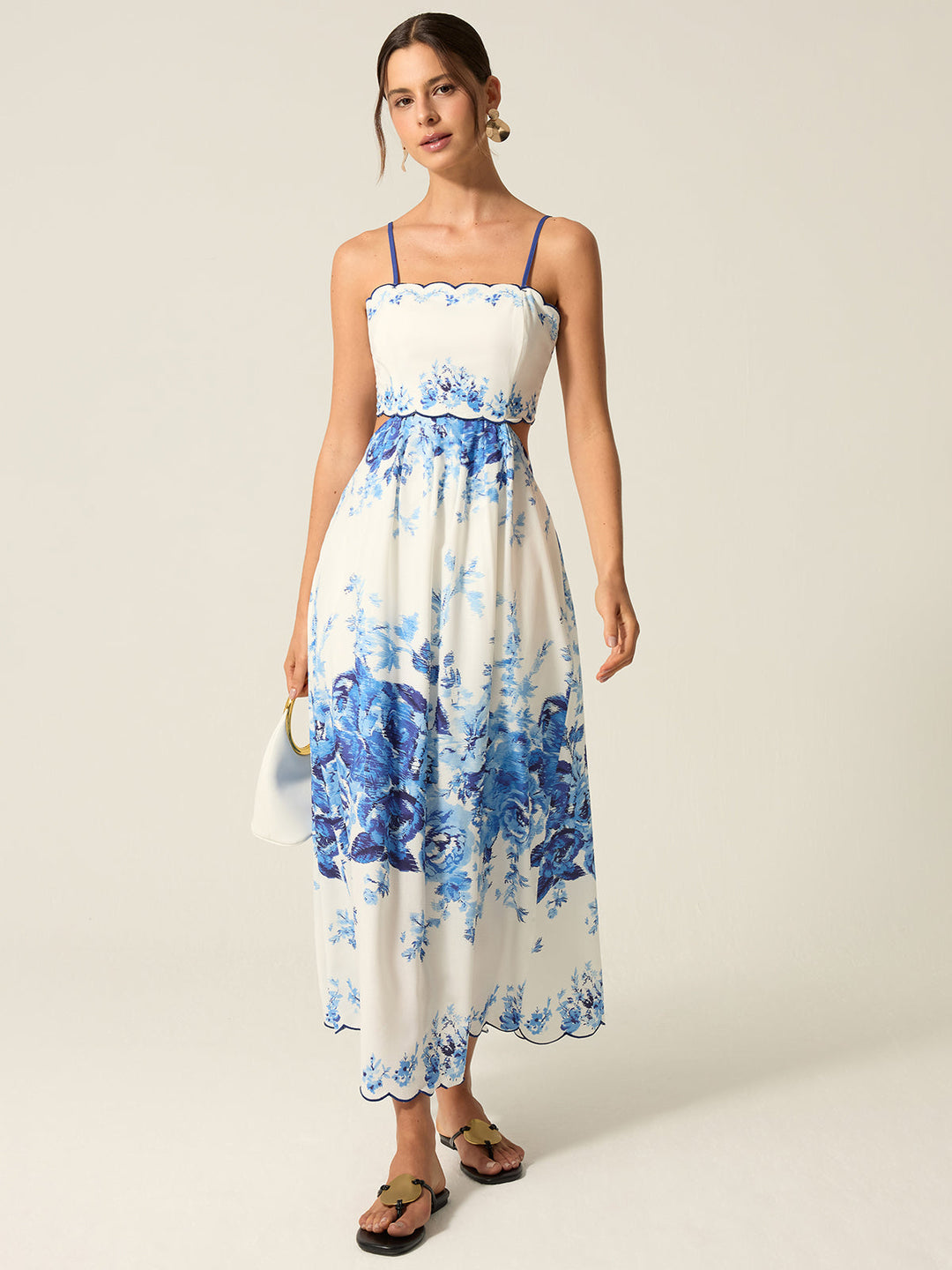Robe Longue à Fleur Imprimé Poches Découpe