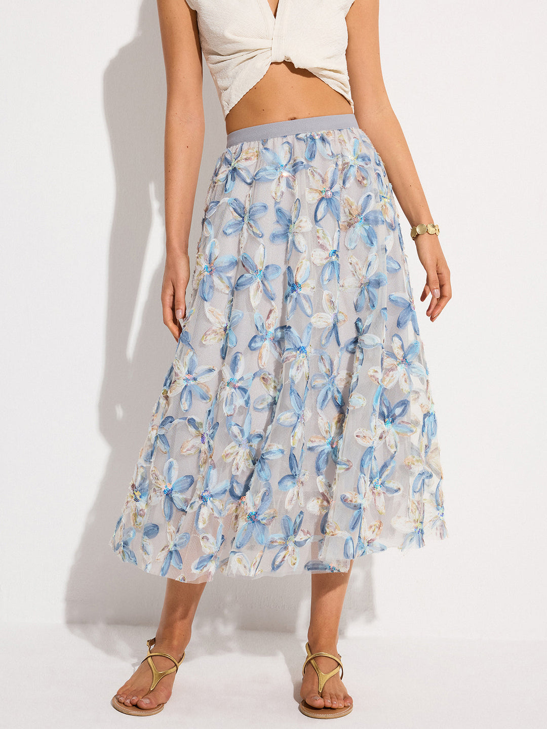 Jupe Midi en Dentelle Fleurie Semi-Transparente